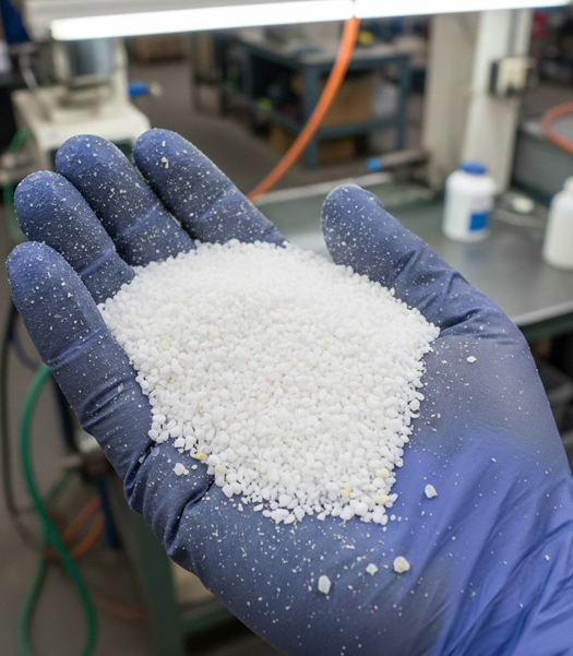 Close-up of hand holding PCP purge compound material demonstrating use in carbon removal, black specks elimination, and extrusion cleaning processes